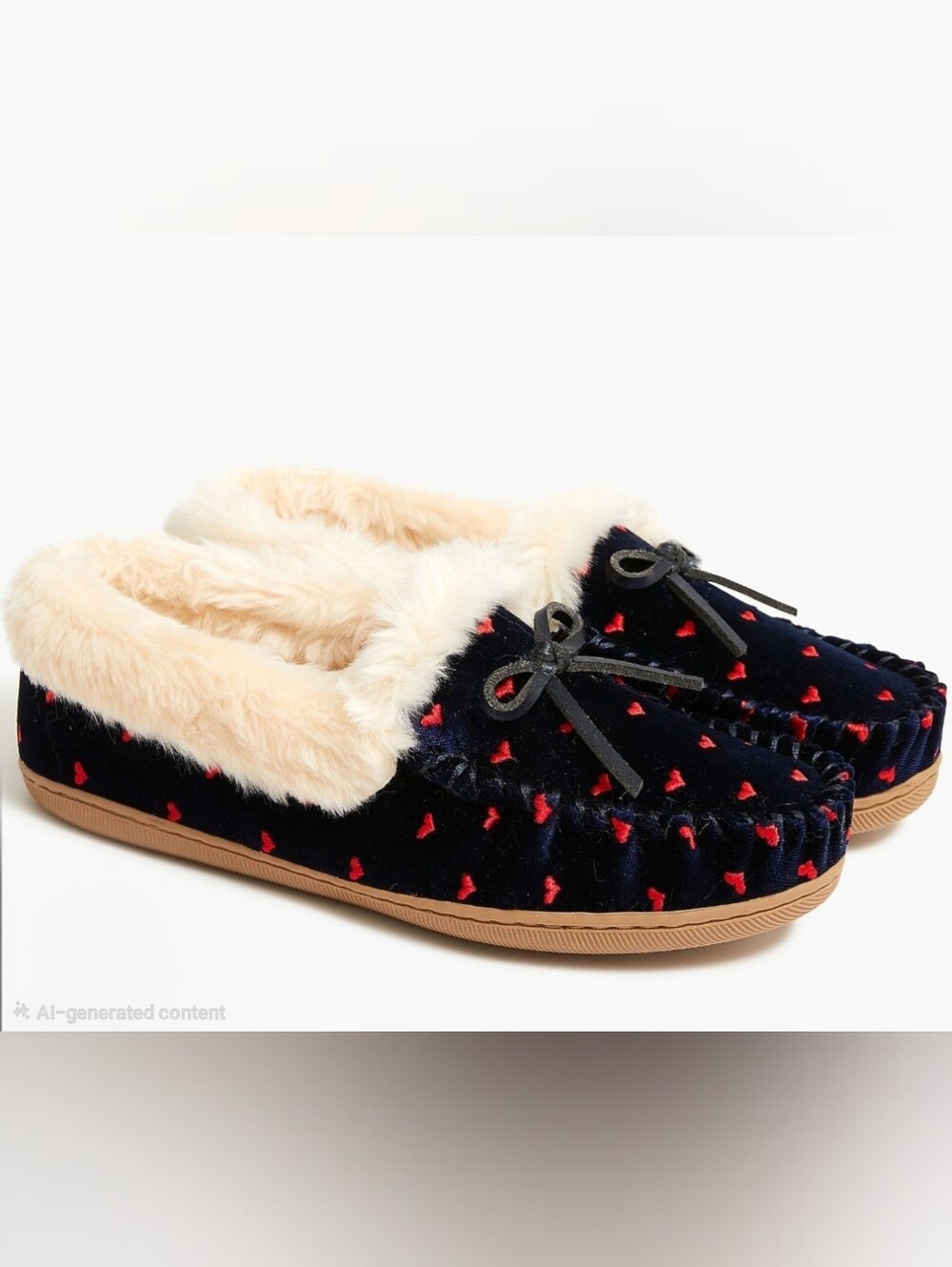 J. CREW Factory Navy Velvet Embroidered Heart Faux Fur Moccasin Slippers Women’s